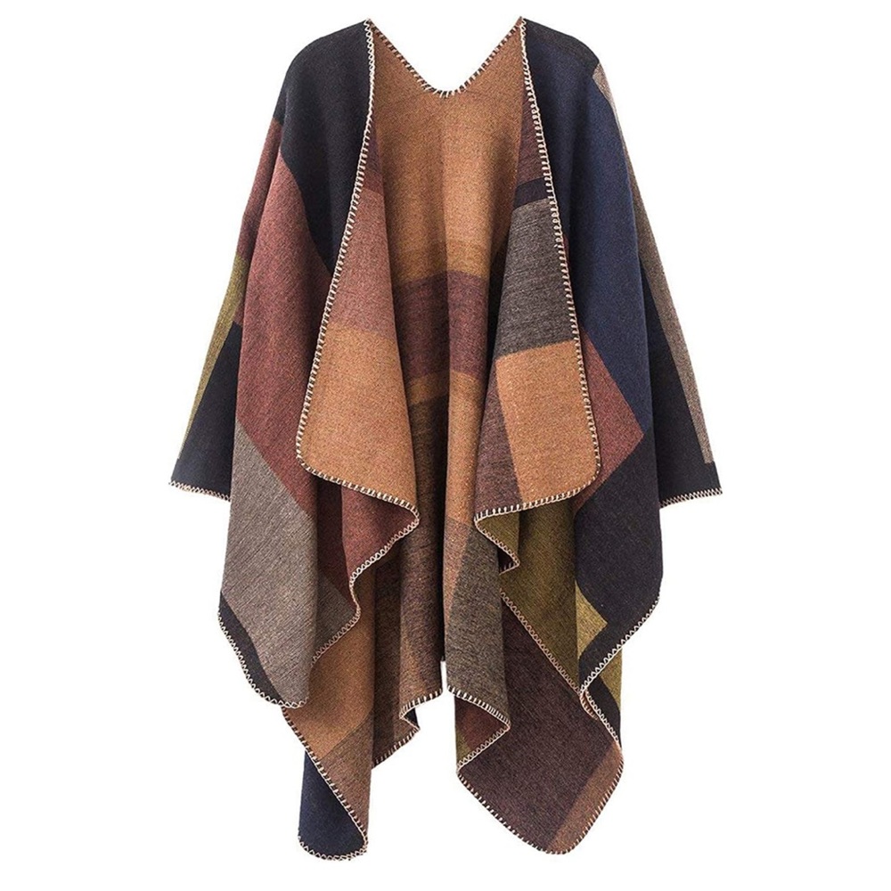 Women's Plaid Sweater Poncho Cape Coat Open Front Blanket Shawls and Wraps